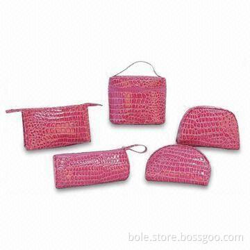 PVC Cosmetic Bags with 5pcs Cosmetic Set in Crocodile PVC, Available in Various Colors